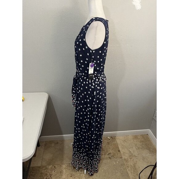 R&K Maxi Polkadot Sleeveless Chiffon Dress Lined Pleated Top Contrast Bottom - Picture 5 of 14